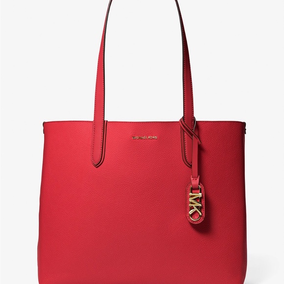 Michael Kors Eliza XL Leather REVERSIBLE Tote Bag Crimson beige NWTS sealed - Picture 3 of 7